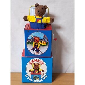 Vintage Schylling Ernest Bear Tin Musical Wind-Up Jack In The Box With Box VGVC